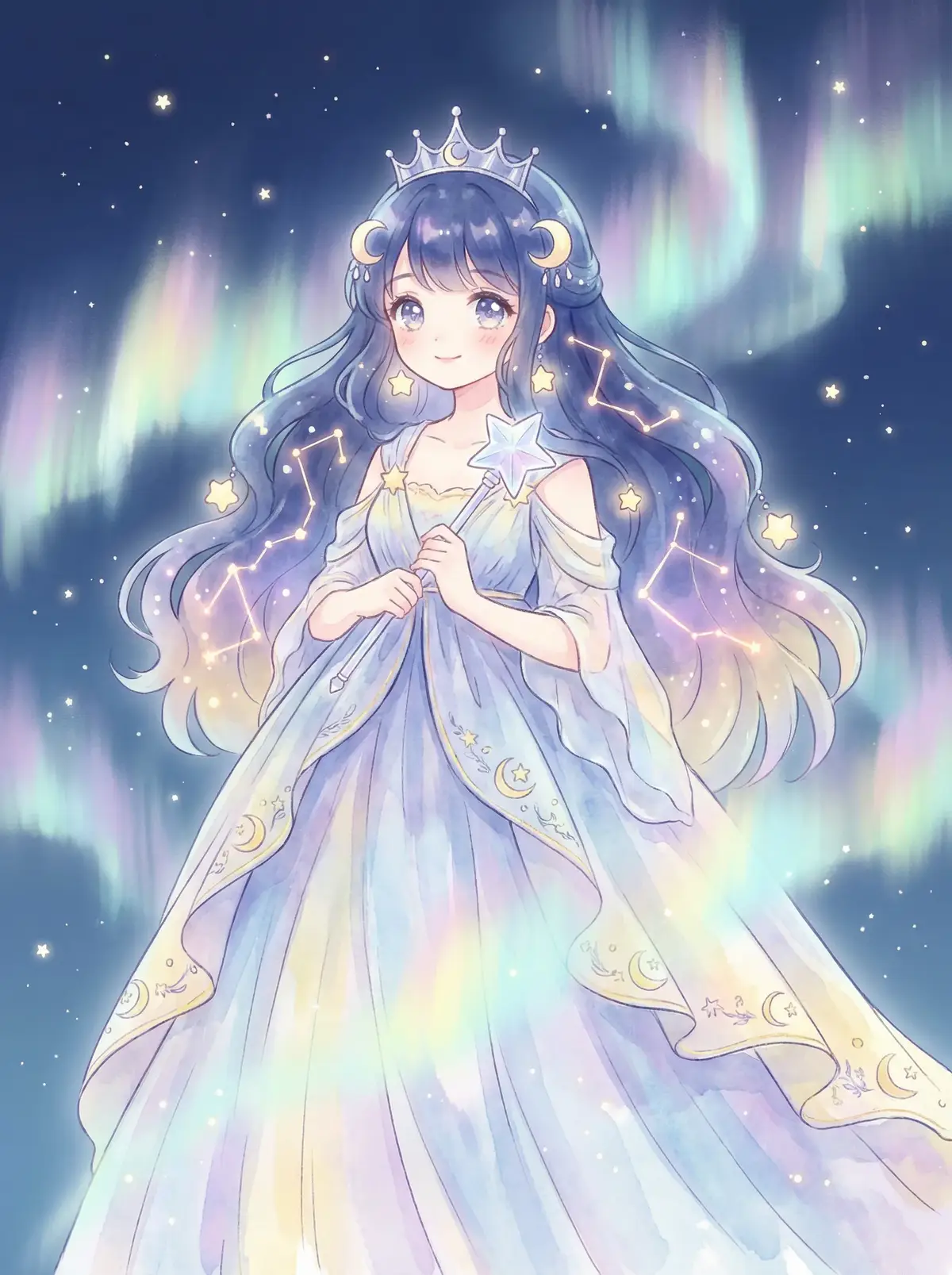 小萝莉 - 星辰公主希尔角色设定图，手持星光权杖